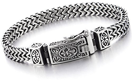 COOLSTEELANDBEYOND Biker Acier Inoxydable Bracelet Homme Lien Franco Chaîne Gourmette - avec Vintage Fleur de Lis Fermoir à Ressort