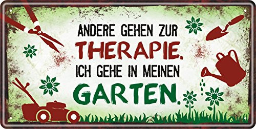 AV Andrea Verlag Blechschild - Andere gehen zur Therapie ich gehe in Meinen Garten - aus rostfreiem Aluminium | Metallschild Schild mit lustigem Spruch für den Garten | Vintage Retro Look