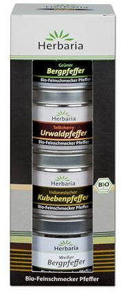 Herbaria Probier- & Geschenkset Pfeffer bio – mit Tellicherry Urwalpfeffer 30g, weißer Bergpfeffer 30g, grüner Bergpfeffer 15g und Kubebenpfeffer 20g – Bio-Pfefferset - zum Ausprobieren & Verschenken