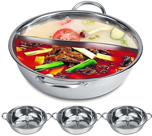 Asixx Fondue Chinoise, Hot Pot à Deux Saveurs en Acier Inoxydable Cuisinière à Induction, Four à Gaz, Four Électrique Plaque Vitrocéramique, etc(31cm)