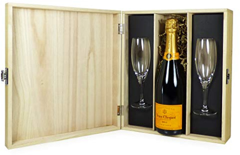 Veuve Clicquot Brut Champagne 75cl with 2 x Champagne Flutes Presented in a Wooden Presentation Box - Ideas for Birthday, Anniversary, Christmas, Business and Corporate