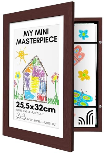 Americanflat Caoba Marco Dibujos Infantiles A4 - Cuadro de Almacenamiento para Niños para 100 Unidades, Proyectos de Arte, Puzzles, Fotos y Decoración - Madera Compuesta con Vidrio Resistente