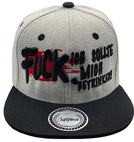 Outfitfabrik Snapback Cap Stickerei Fuck ich sollte Mich betrtinken in grau/schwarz mit geradem Schirm und 3D-Stick, Unisex, One-Size, verstellbar an der Rückseite, für Frauen und Männer (Statement)