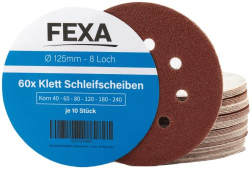 Fexa Schleifscheiben 125mm Set 60 Stück- Klett Schleifpapier Exzenterschleifer rund - 125 mm, 40-240 Korn, 8-Loch - Schleifpapier 125mm