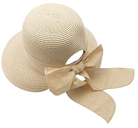 Carnavalife Sombrero de Paja de Playa para el Sol, Pamela Verano para Mujer UPF 50 de Ala Ancha Plegable (Beige)