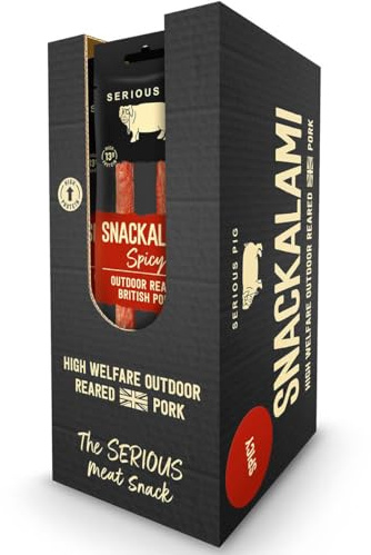 Serious Pig Snackalami Spicy Salami Snacks (12 x 30g) | Snackalami Spicy Two sticks of SPICY, MEATY and SERIOUSLY DELICIOUS snacking SALAMI, made with Outdoor Reared BRITISH PORK.