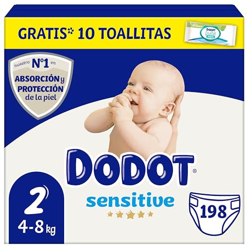 Dodot Pañales Bebé Sensitive, Talla 2 (4-8 kg), 198 Pañales + Regalo de 40 Toallitas Aqua Pure 99% Agua, Hasta 12 h De Protección Antifugas y Cuidado de la Piel, Pack Mensual
