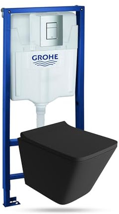Lavita Vorwandelement Solido + Wand Hänge WC Lago Schwarz Spülrandlos + WC-Sitz mit Absenkautomatik Verchromter Knopf Komplettset Unterputz Spülkasten Toilette Komplett Sett WC
