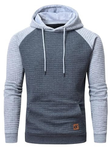YuKaiChen Men's Hoodies Pullover Hooded Sweatshirts Long Sleeve Patchwork Plaid Jacquard Drawstring Casual Hoodie with Pockets Grey-Lightgrey L