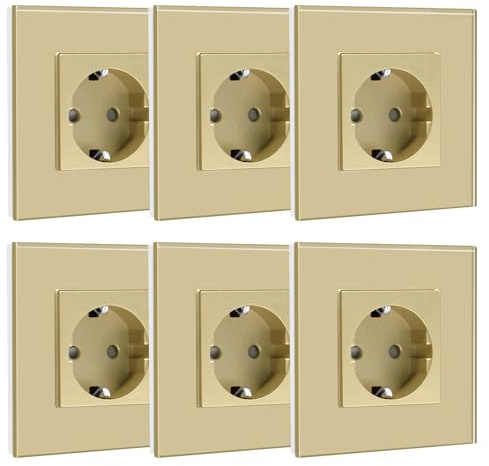 BSEED Schuko Steckdose, 1 Fach Unterputz-Steckdose, Kristall Glas Wandsteckdose Glas gold, 16A Schutzkontaktsteckdose 86mm (6 Pack)