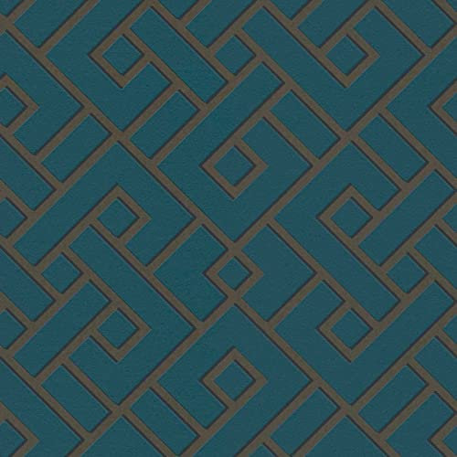 Papier peint géométrique marron & bleu canard | Tapisserie graphique rétro bleu | Papier peint intissé pour chambre adulte vintage