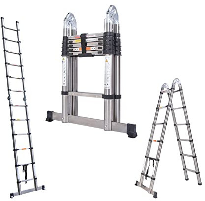 3,8m(1,9+1,9) Teleskopleiter Mehrzweckleiter Klappleiter für Dachboden/Kletterdach/Büronutzung/Baujob Ausziehbar Edelstahlleiter rutschfeste Stufen 150 Kg Belastbar