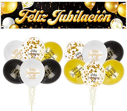Decoración Fiesta Jubilación, Pancarta Feliz Jubilación Tela + 12 Globos Oro Negro, Photocall Adornos 180cm