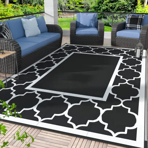 GENIMO Outdoor-Teppich, wasserdicht, für Terrassendekoration, faltbar, wendbar, Kunststoff, Stroh-Teppich, Matte für Wohnmobil, Deck, Veranda, Picknick, Strand, Balkon, Schwarz und Weiß