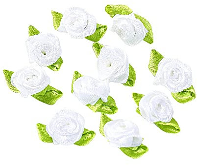 100 Stk Mini Künstliche Blumen Rosen Köpfe,Schleifen Rosen mit Blatt,Rosen Blumenköpfe Blütenköpfe zum Basteln,Blumen-Applikationen,Streudeko für DIY Basteln Garland Scrapbooking Haarschmuck,Weiß