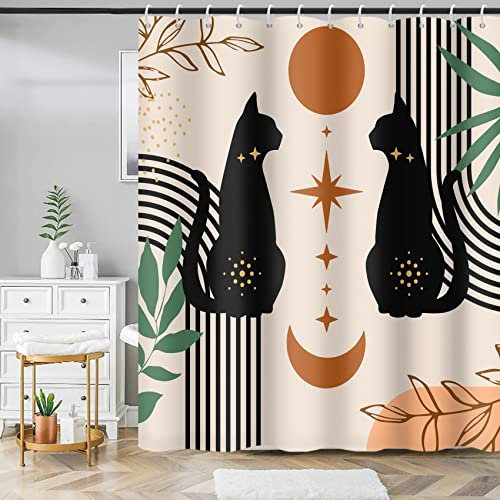 MIRRORANG Rideau de Douche Chat Noir Mignon, Rideau de Douche Moderne du Milieu du siècle avec 12 Crochets, Abstrait Boho Plantes Rideaux de Bain Durable Tissu Lavable en Machine,183x183cm