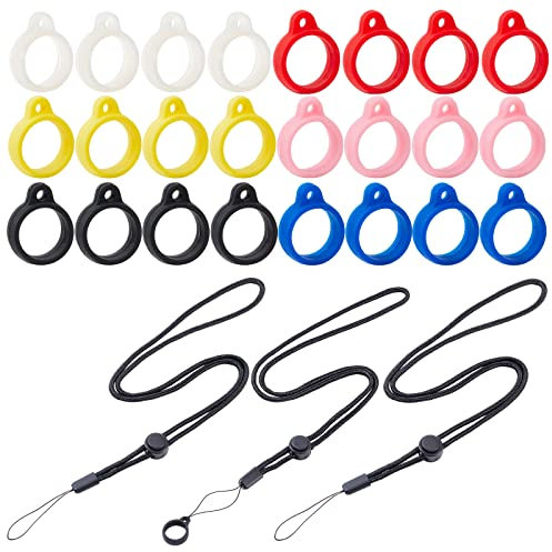GORGECRAFT 30 STÜCK Anti-Lost-Lanyard-Set Enthält 6 STÜCKE Schwarze Halsketten-Lanyards Umhängeband-Anhängerhalter Mit 24 STÜCK 6 Farben Anti-Lost-Silikon-Gummiringhalter Mehrzweck-Stiftschutzring