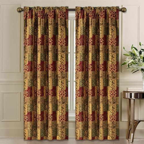TOPLUXE Blickdichte Vorhänge, Damastvorhänge Thermovorhang Hitzeschutz Verdunklungsvorhänge für Fenster 132x213cm, 2er Set Gardinen mit Raffhalter (Patchwork)