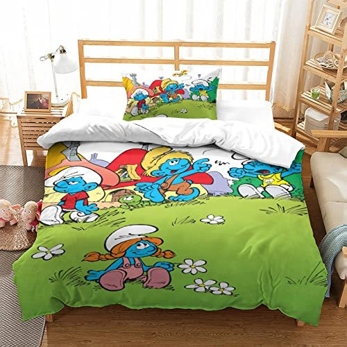 CIFEAR Smurfs Bettwäsche 3D-gedruckte Mikrofaser - Bettbezug Set Mit Kissenbezug,Animation Für Erwachsene Kinder Mit Reißverschluss Single(135x200cm)