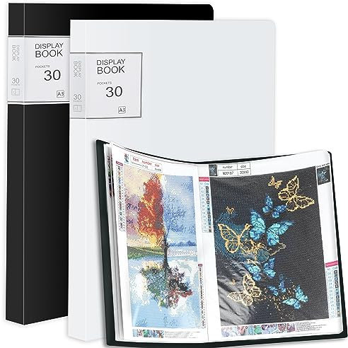 2 Packs A3 Diamond Paintings Storage Books, Large 30x40 Diamond Art Storage Presentation Book with 60 Pags, Diamond Painting Art Portfolio Folder, Clear Pockets Artwork Storage Photo Display Album