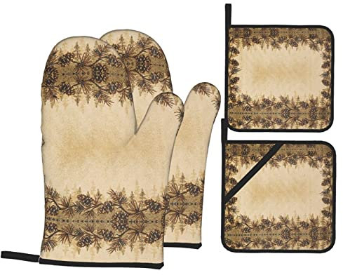 Topflappen / Grillhandschuhe mit Tannenzapfen-Bordüre, 4-teiliges Set zum Kochen, Backen und Grillen