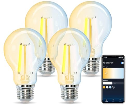 Aigostar Bombilla Vintage Inteligente E27 LED Bombilla Alexa 6W 850LM Bombilla Edison WIFI A60 Bombilla Filamento Regulable 2700K-6500K, compatible con Alexa/Google Home. Transparente 4 Unidades