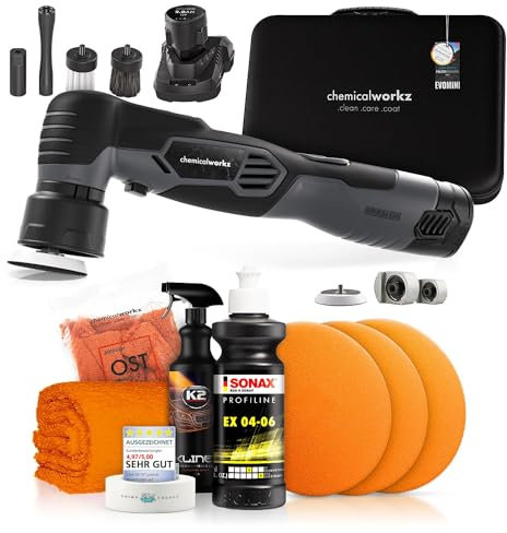 Poliermaschinen Set: chemicalworkz EVO Mini Akku Poliermaschine + Sonax One-Step Politur + Royal Pads Polierpads + Zubehör - Auto Lack Politur, Kratzer entfernen, Aufbereitung | 8-teilig