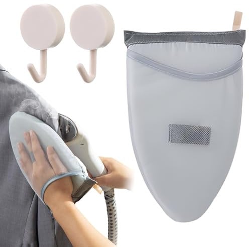 Garment Steamer Ironing Glove with 2 Self Adhesive Hooks, Waterproof Anti Scald Handheld Ironing Pad with Finger Loop, Portable Anti Steam Gloves for Standing Handheld Garment Steamer and Irons(Grey)