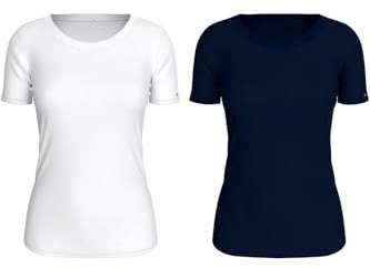 Tommy Hilfiger Damen 2er Pack T-Shirts Kurzarm Weiter Rundhalsausschnitt, Weiß (White/Desert Sky), S