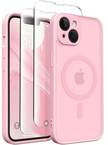 CAPRARO Magnetic Case for iPhone 14, Compatible with MagSafe, Full Camera Protection, 14FT Drop Protection, Shockproof, Slim Translucent Matte Phone Case, Peach Pink