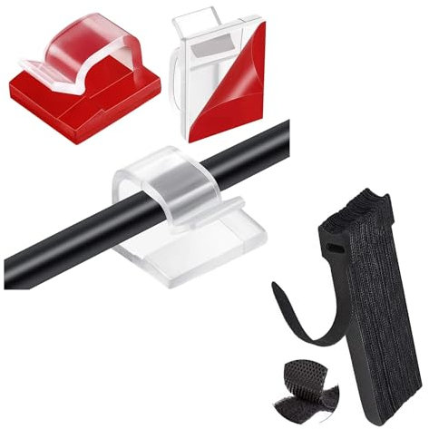 IBRIQO® 60 Clips Adhesivos para Cables + 10 Bridas Reutilizables para Organizador de Cables | Sujeta Cables Adhesivos de Mesa y Pared | Ordenar Cables en Escritorios y Oficinas (Transparente)