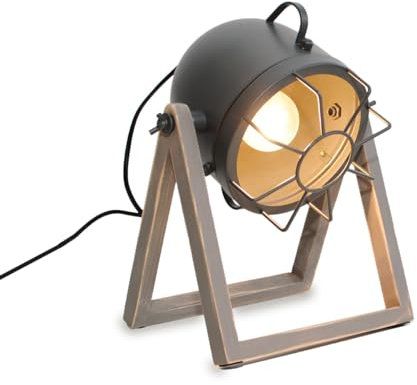 Alpinaluz Lampada da tavolo industriale con faretto proiettore E27, base in legno naturale grigio e testa orientabile per soggiorno e comodino