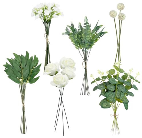 SHEPIN 47 Stück Künstliche Blumen und Zweige, Weiß Kunstblumen Grün Eukalyptus Dekozweige Blumenstrauß, Kunst Blumenstrauß Wie Echt Rose Eukalyptus für DIY Kunstblumenstrauss Brautstrauß Hochzeit