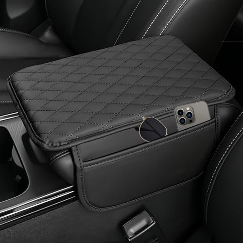 JAONLD Housse de Coussin pour Console Centrale de Voiture Coussin D'accoudoir Voiture en Cuir,Tapis de Boîte D'accoudoir de Voiture Sac de Rangement pour la Plupart des Voitures,Motos et SUV(Noir)