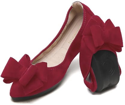 YOUNIFIZ Women Ballet Flats Foldable Fashion Bowtie Comfort Pointed Toe Slip On Ballerina Ladies Casual Comfort Faux Suede Loafers (Wine Red,Size 5)