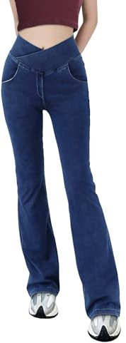 LaiEr Damen V Crossover Hohe Taille Bauchkontrolle Casual Fitness Skinny Yoga Hosen, Faux Denim Print Frauen Bootcut Yoga Hosen, ausgestellte Fitness Hosen mit Seitentaschen(Dunkel Blau L)