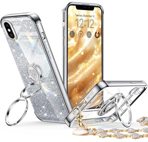 XYZ for iPhone X Case,iPhone Xs Case with Stand, Phone Case with Double Ring Kickstand, Women Girls Bling Luxury Glitter Clear Phone Case Cover Heart for iPhone X/XS(5.8 inch), Silver