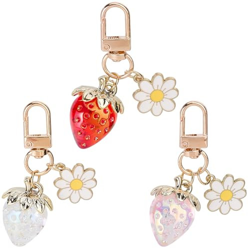 craspire 1 boîte de 3 Porte Clés en Forme de Fraise Rouge Rose Transparent Acrylique Alliage Doré Émail Marguerite Fraises Porte Clés à Breloques avec Fermoirs