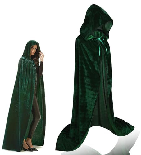 Scinzene Hexenkostüm Damen Umhang mit Kapuze, Samt Cape für Halloween und Karneval, Vampir Kostüm, Elfen Waldfee Stil, Grün, XL