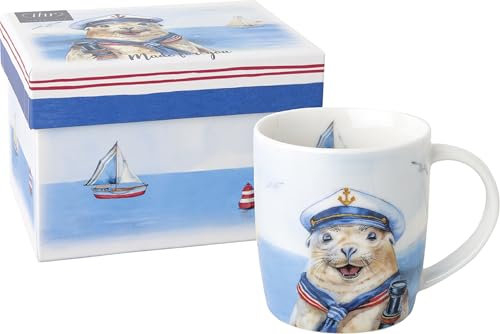 IHR - POM 1072400 - Kaffeebecher, Captain Charlie, Seehund, Porzellan, 8,5cm x 9cm, 300ml, mit Geschenkverpackung