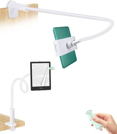 QIWAS Gooseneck Tablet Holder for Kindle Reading in Bed with Remote Page Turner, Lazy Arm for Kindle Accessories Paperwhite Colorsoft Oasis Scribe, Ereader Accessory with Clicker Page Turner (Green)