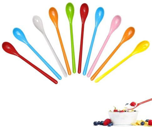 10 Stück Plastiklöffel Lang Bunt, Lange Bunte Plastik Löffel, langer Eislöffel, Joghurtlöffel, Marmeladenlöffel, Cocktaillöffel, langer Teelöffel