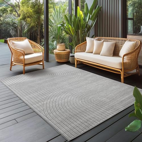 Carpettex Outdoor Teppich wetterfest, Wohnzimmer, Schlafzimmer, Garten, Balkon, Kurzflor Grau, Hoch-Tief-Effekt, weich & waschbar, pflegeleicht, 240x340 cm