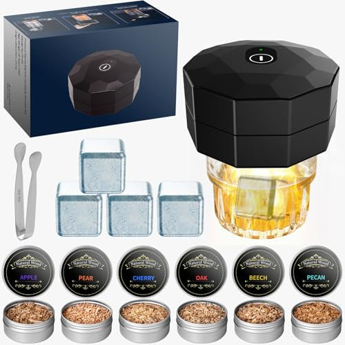 Whiskey Smoker Set Elektrischer mit 6 Aromen Holzspäne, Wiederaufladbare Cocktail Smoker Kit mit Warmem Licht für Bourbon Kaffee Wurst Fisch, Geschenke für Männer Vater Ehemann Freund Whiskyliebhaber