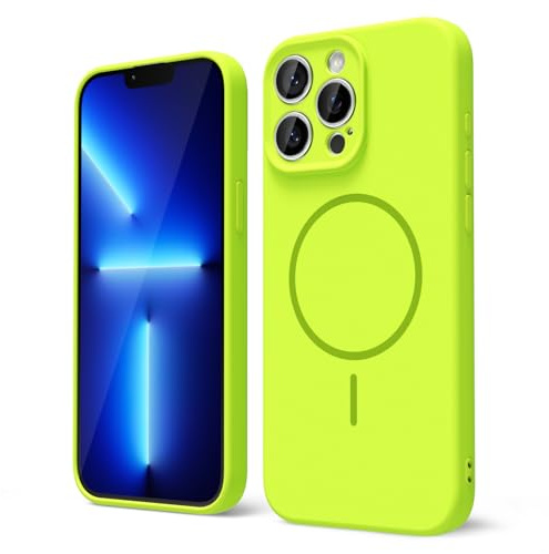 oakxco for iPhone 13 Pro Max Case Silicone Mag Safe, Magnetic Slim Thin Phone Case Compatible with Magsafe, Women Girls Cute Girly Bright Fluorescent Rubber Safecase with Camera Cover, Neon Green
