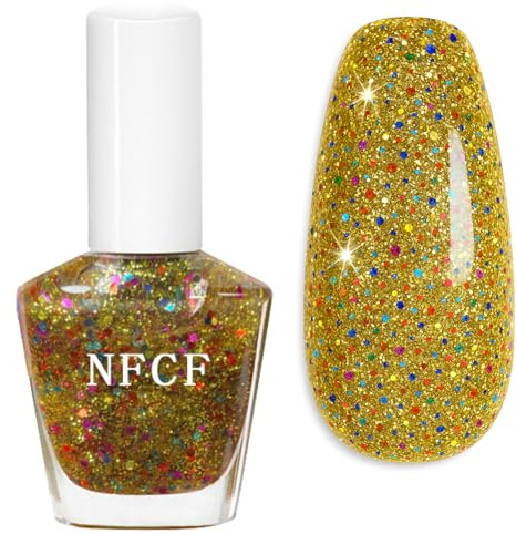 Gold Glitter Nail Polish - Sparkling Gold Nail Varnish,Flash Shinny gold Polish Quick Dry Sparkle Nail Paint, Long-Lasting Shimmer Nail Varnish for Glamorous Manicure No Need Baking