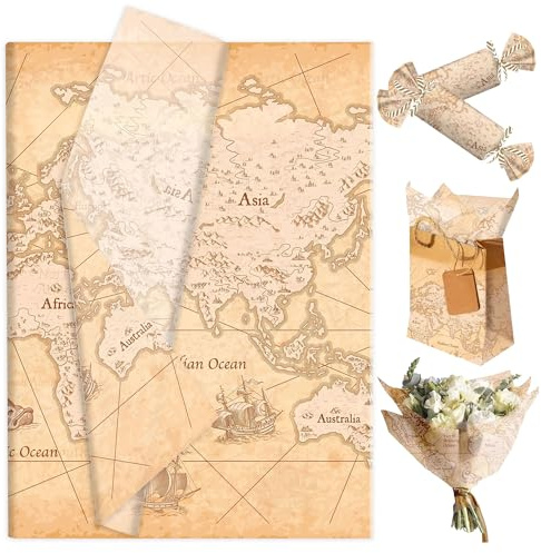 50 Blatt Vintage Karten Seidenpapier zum Verpacken von Geschenken Geschenkpapier mit Reisethema für Geschenktüten Vintage Dekoseidenpapier für Babypartys Geburtstagsfeiern DIY Bastelbedarf