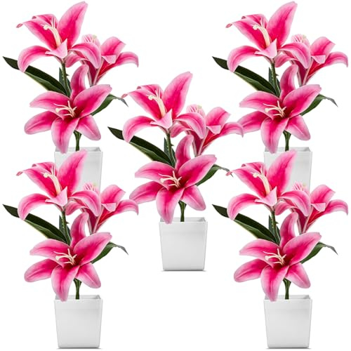 Suncalla 5 Pcs Artificial Lily Flowers Small Potted Tiger Lily Fake Silk Faux Spring Easter Craft Decor for Indoor Home Office Table Centerpiece Shelf Wedding Easter Mother's Day Decoration Gift
