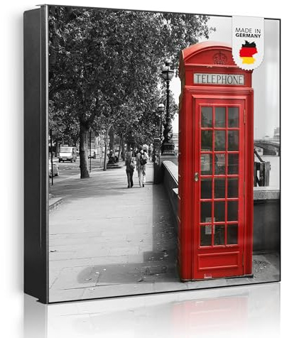 banjado Großer Schlüsselkasten Metall - Schlüsselbox 30x30cm beschreibbarer mit 32 Haken - Schlüsselkasten modern für Schlüsselaufbewahrung - Korpus Schwarz Scharnier Links - Motiv London Red Telephon