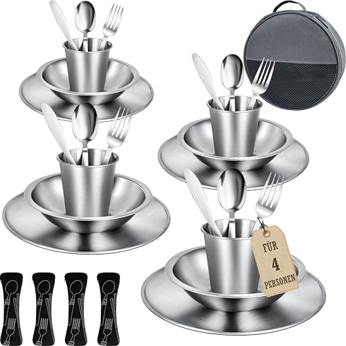 Camping Geschirr Set für 4. Edelstahl Besteckset, Teller, Schale und Becher | Campingbesteck Set Inklusive Bestecktasche. Tragbares Geschirrset für Outdoor, Picknick, Grillen.